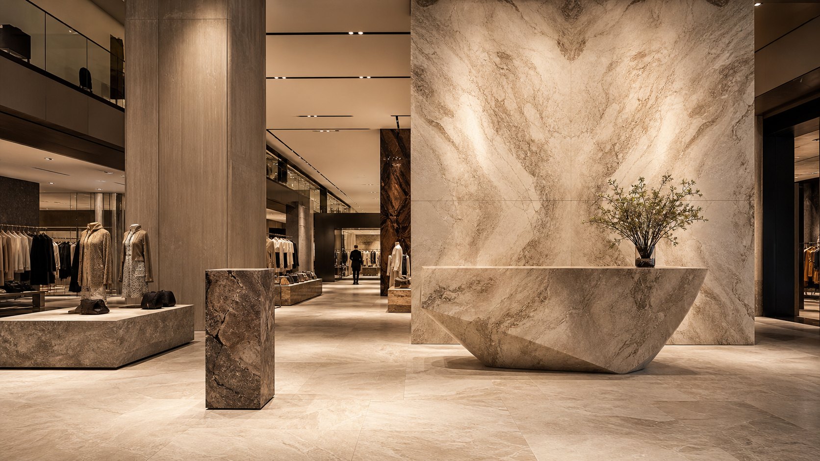 Luxury retail flagship with bookTreffered stone walls, floor and display furniture