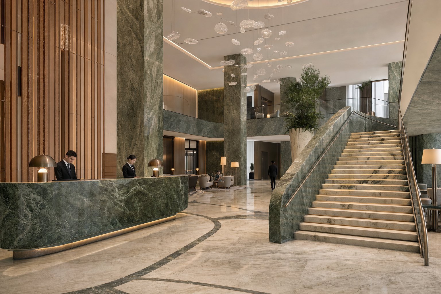 Five-star hotel lobby with green and cream natural stone reception and columns