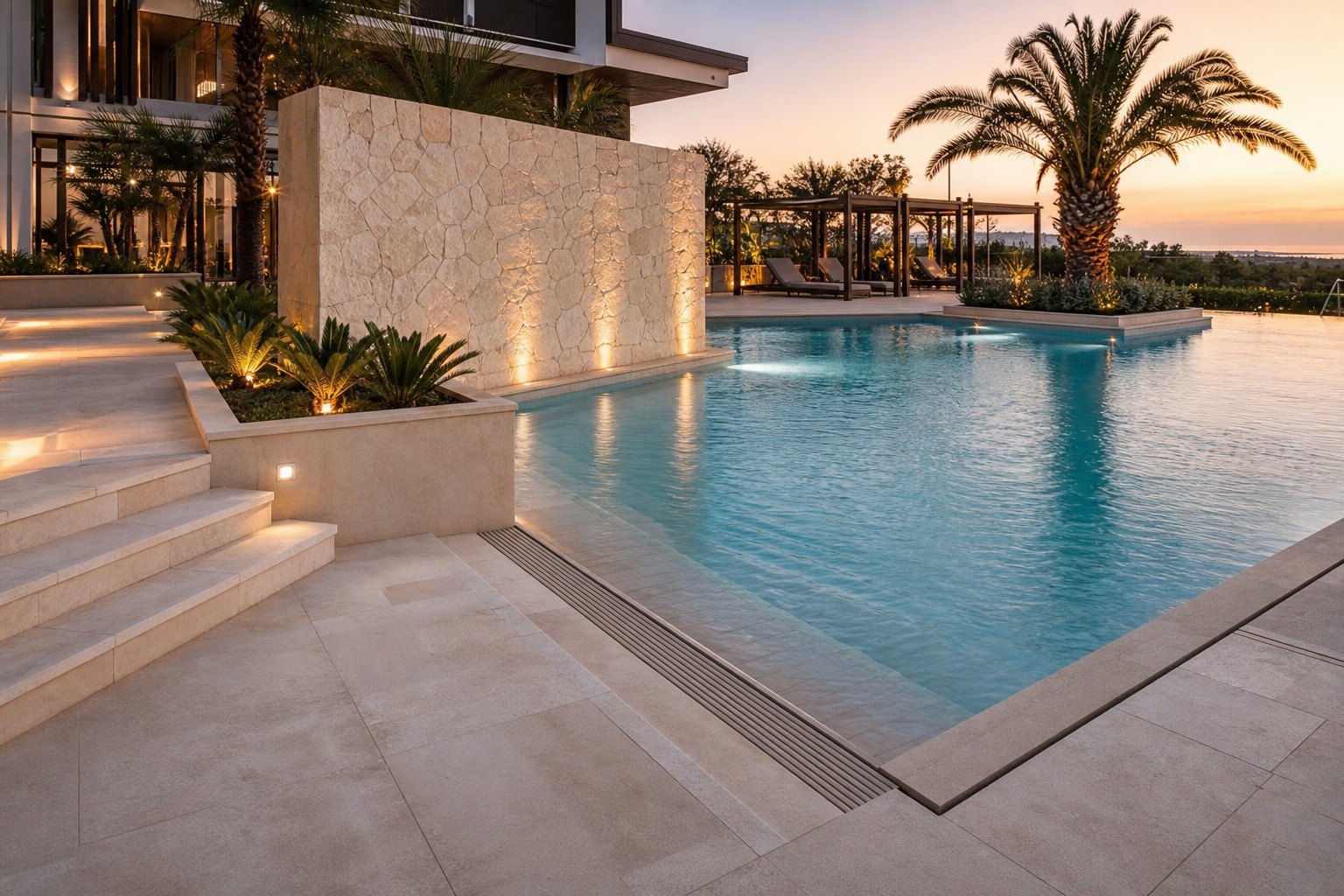 Resort pool and terrace finished with pale anti-slip natural stone