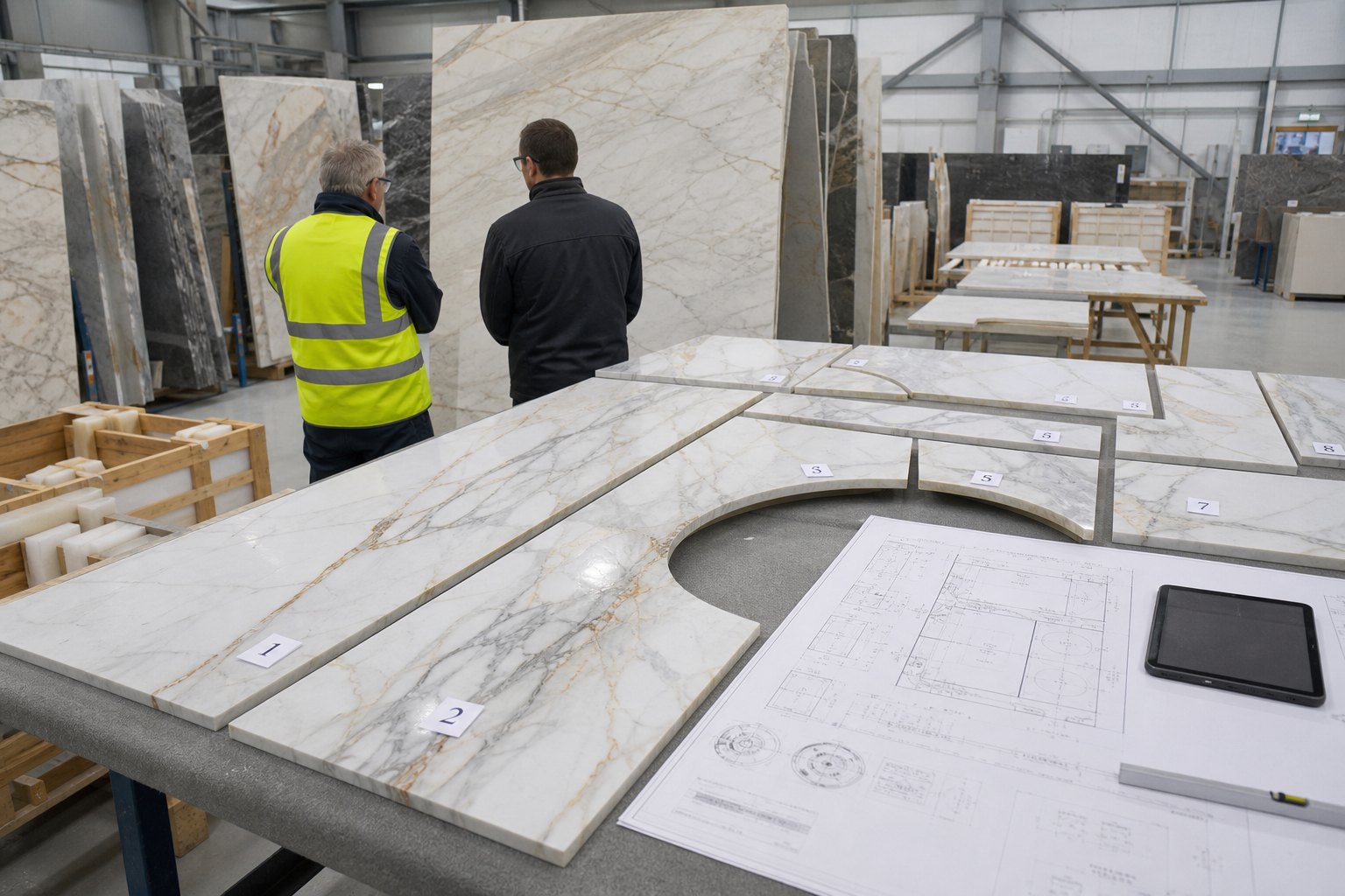Natural stone pieces dry laid, numbered and checked against technical drawings before packing