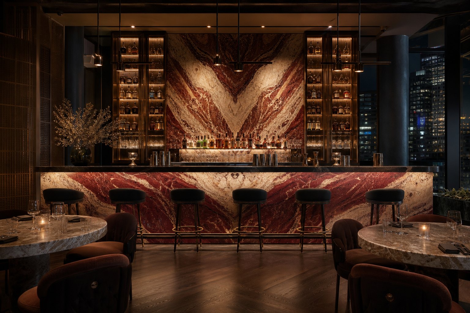 Destination restaurant bar with dramatic bookTreffered red natural stone